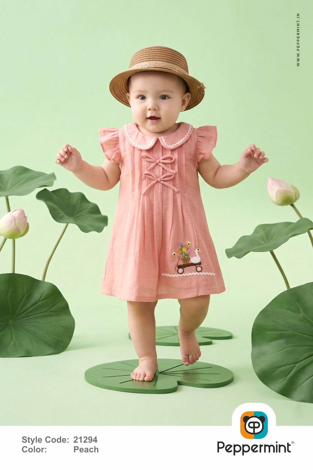 Infant Peach Pleat Dress with Bows