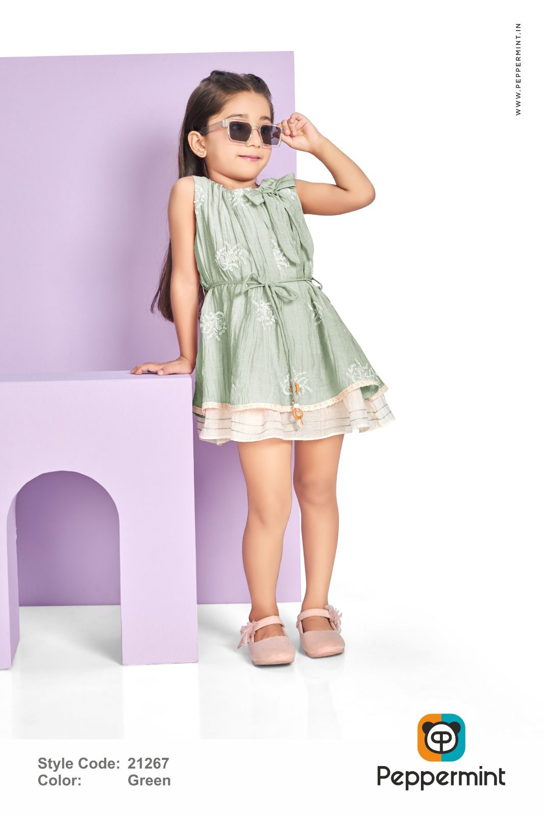 Girls Green Embroidered Bow Top with Frill