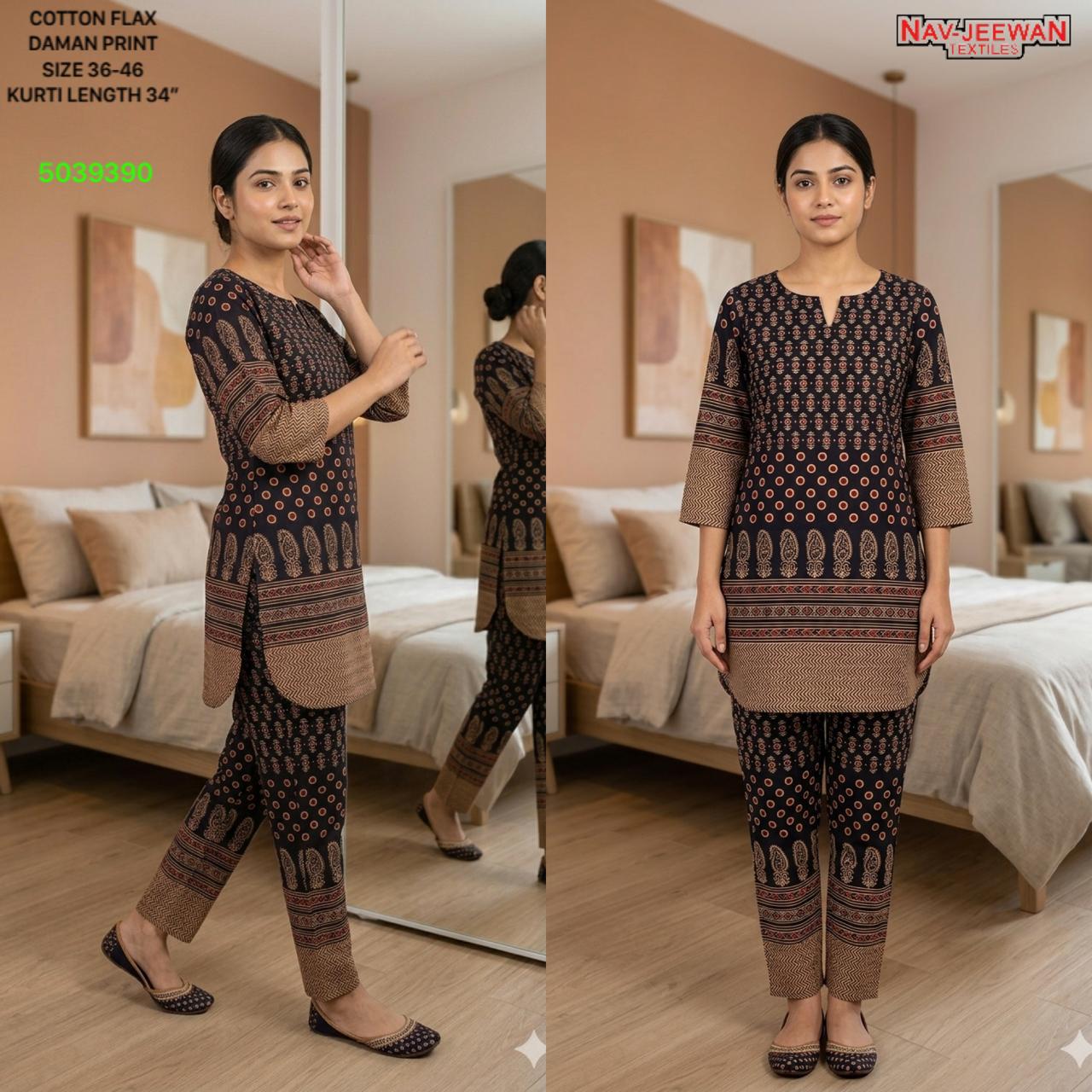Women's Cotton Flax Kurti Set — Daman Print