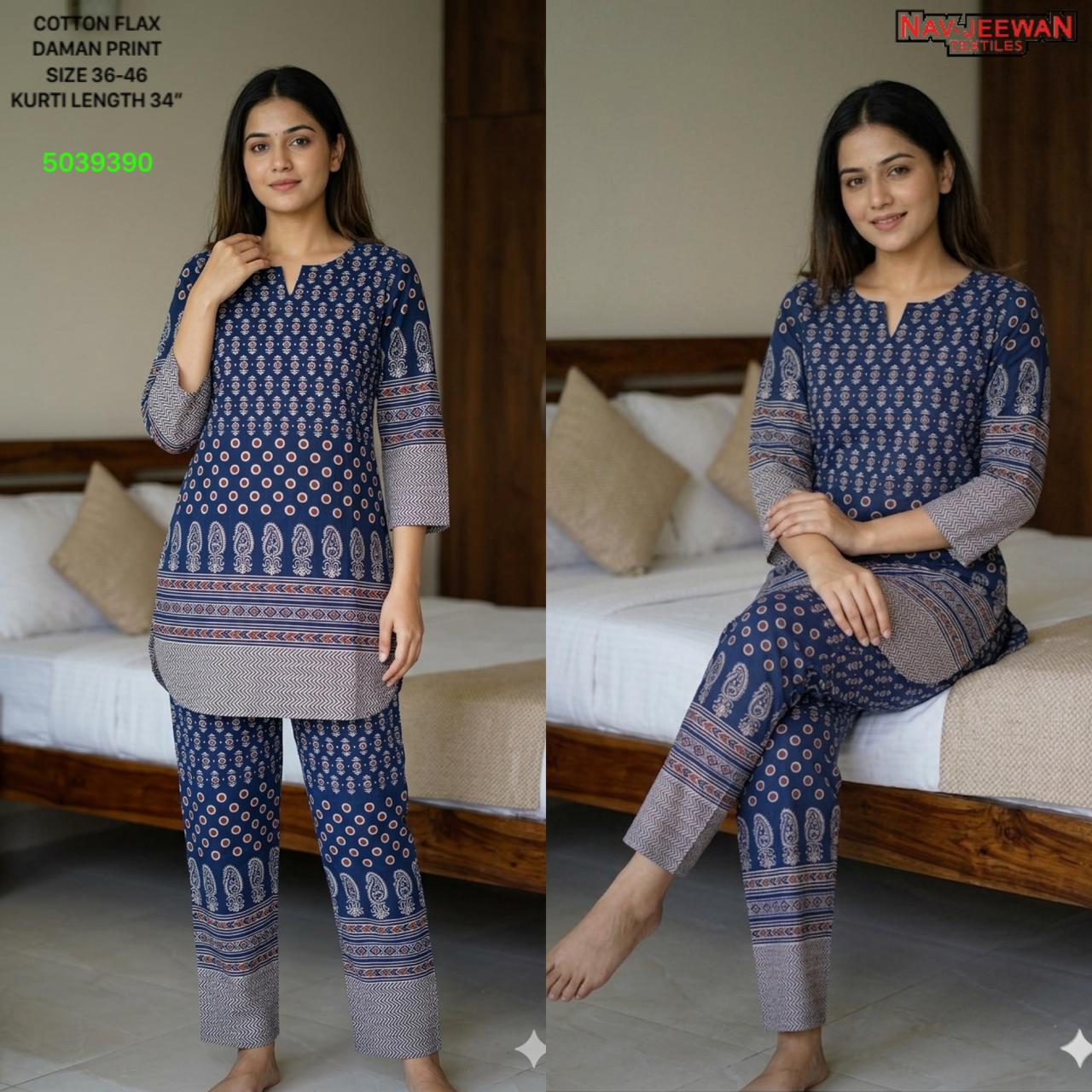 Women's Cotton Flax Kurti Set — Daman Print