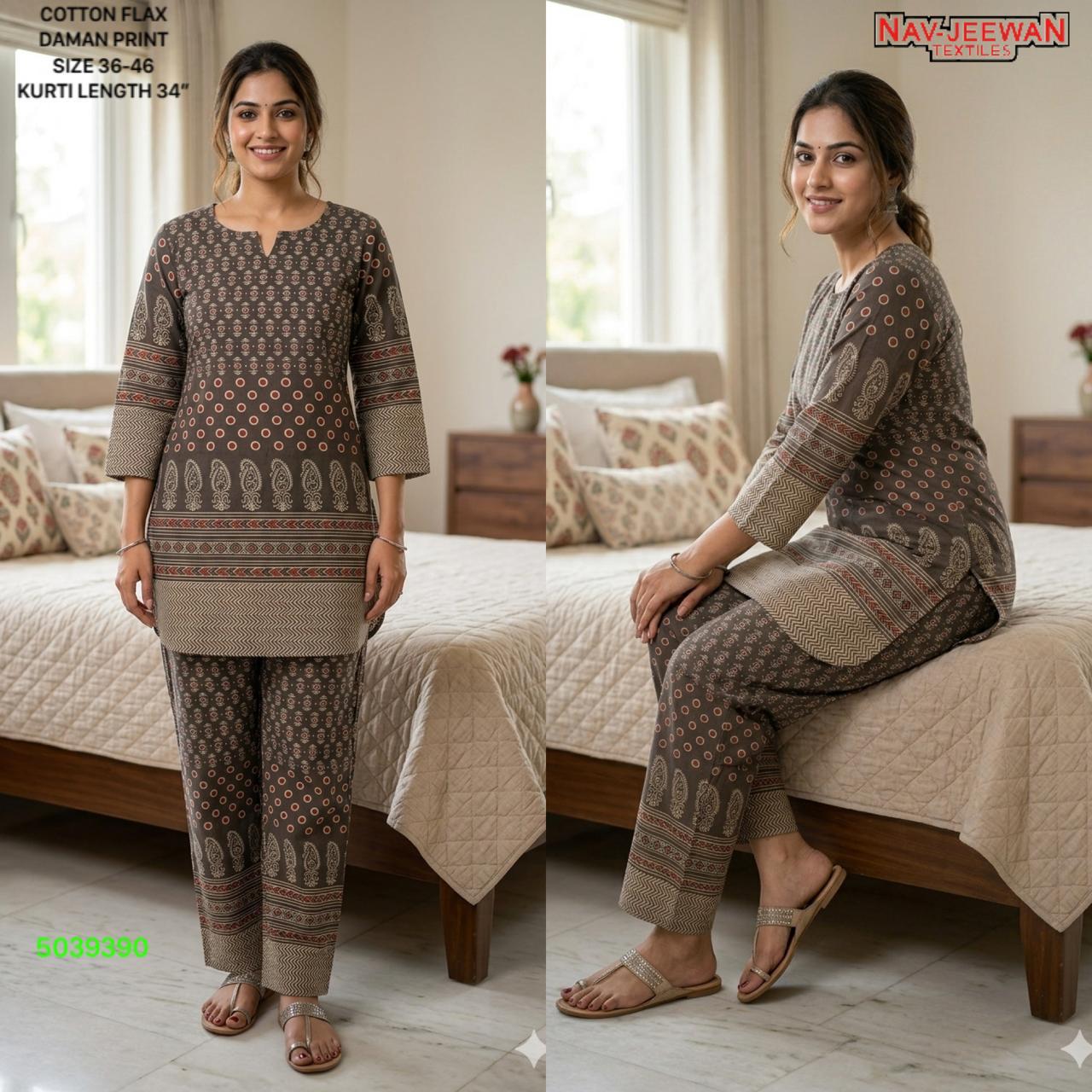 Women's Cotton Flax Kurti Set — Daman Print